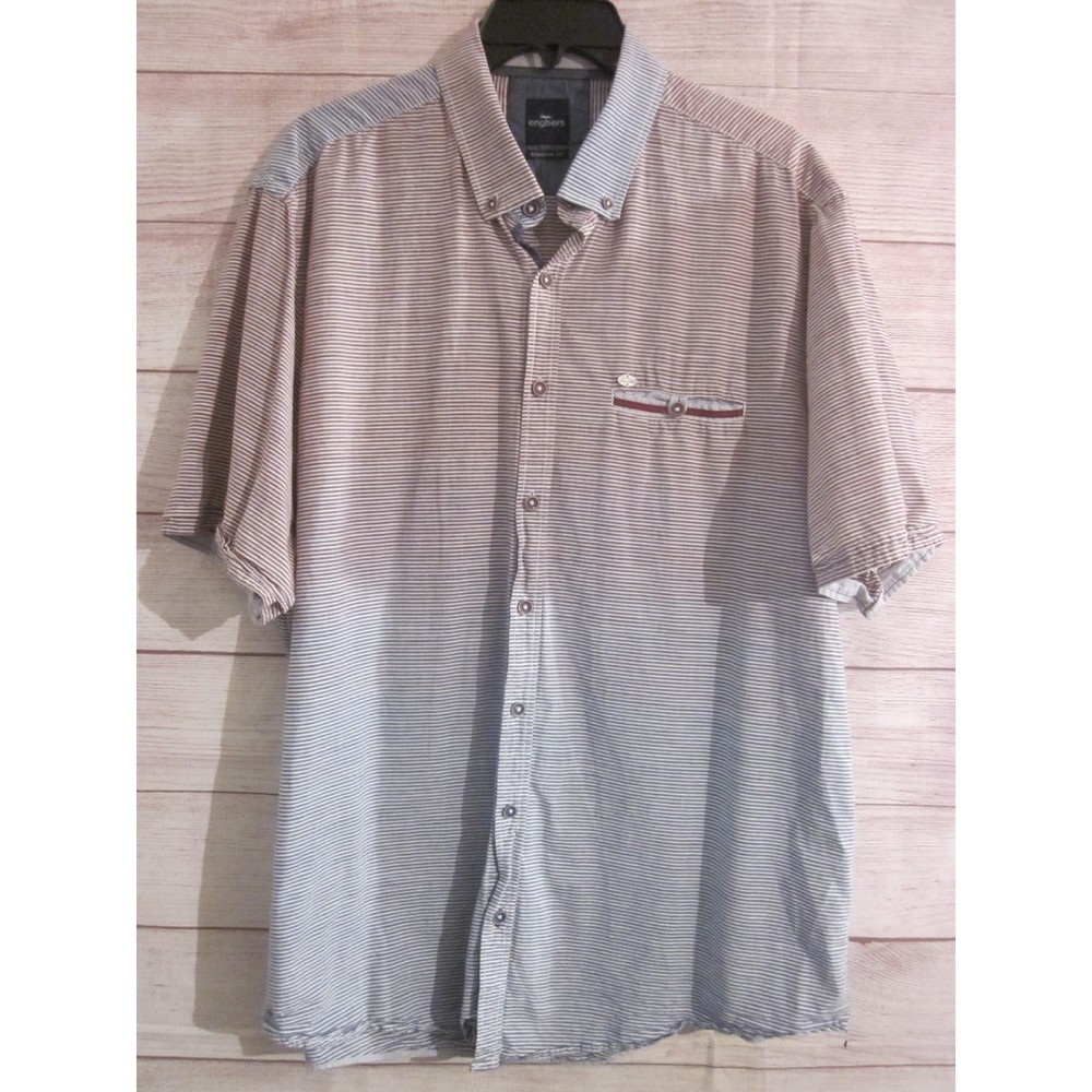 Engbers Men's XL Regular Fit Blue Red White Stripe Short Sleeved Button Up Shirt